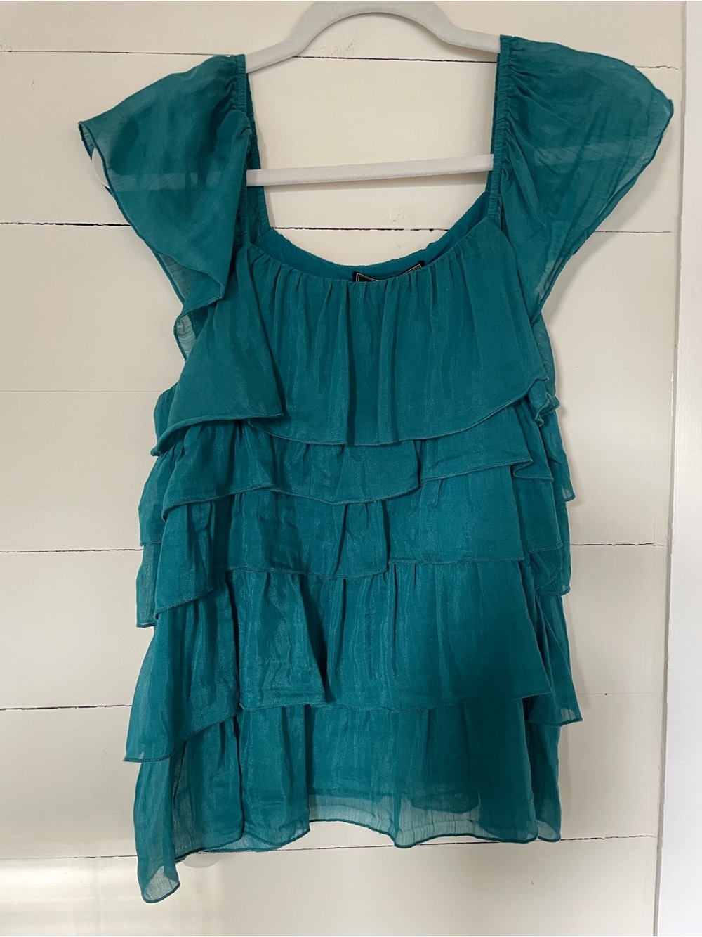 NWT Ya-Da Teal Cotton/Silk Tiered Ruffle Women's sleeveless Top, Size Large